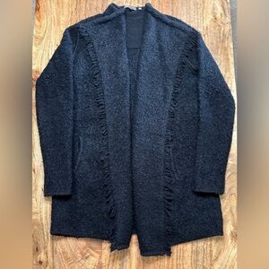 Vince Black Wool Open Front Fringe Longline Sweater Coat Size Small